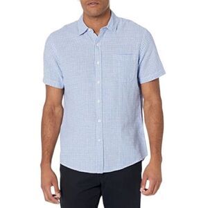 New Mens shirt Blue Plaid linen Small short sleeve Casual Shirt